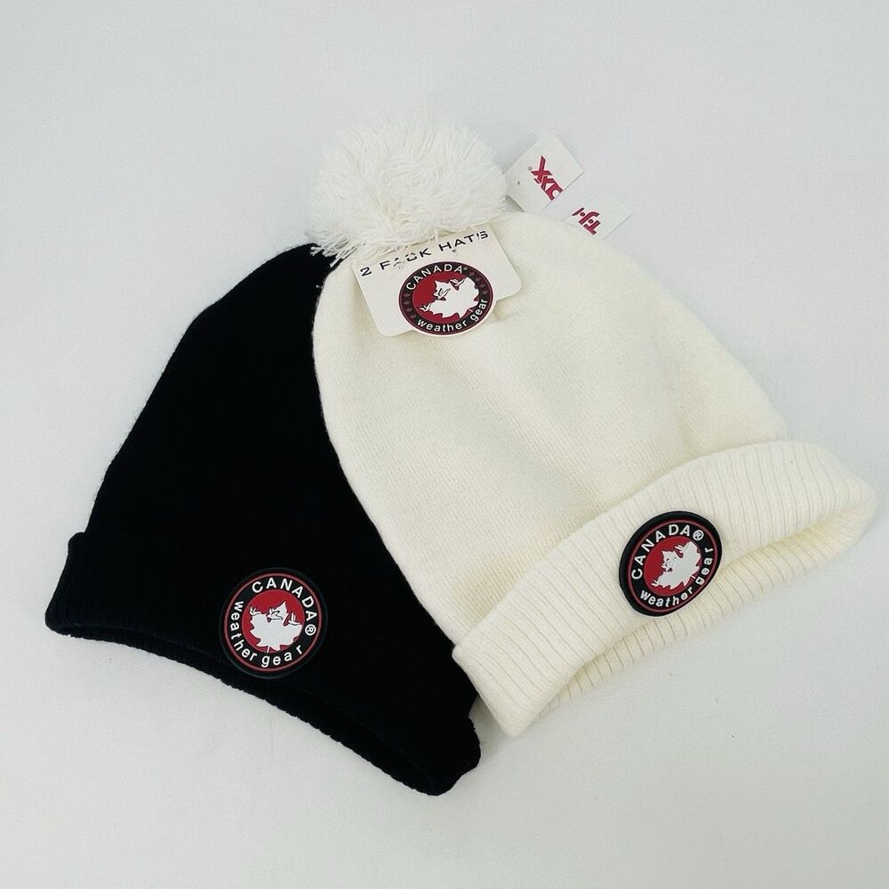 Canada Weather Gear Beanie Hat 2 Pack Black White Pom Cuffed Winter Thermal NWT